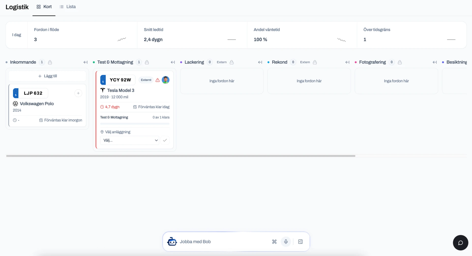 Pipeline i TradeMatch med bilar i rekond, lackering och fotografering